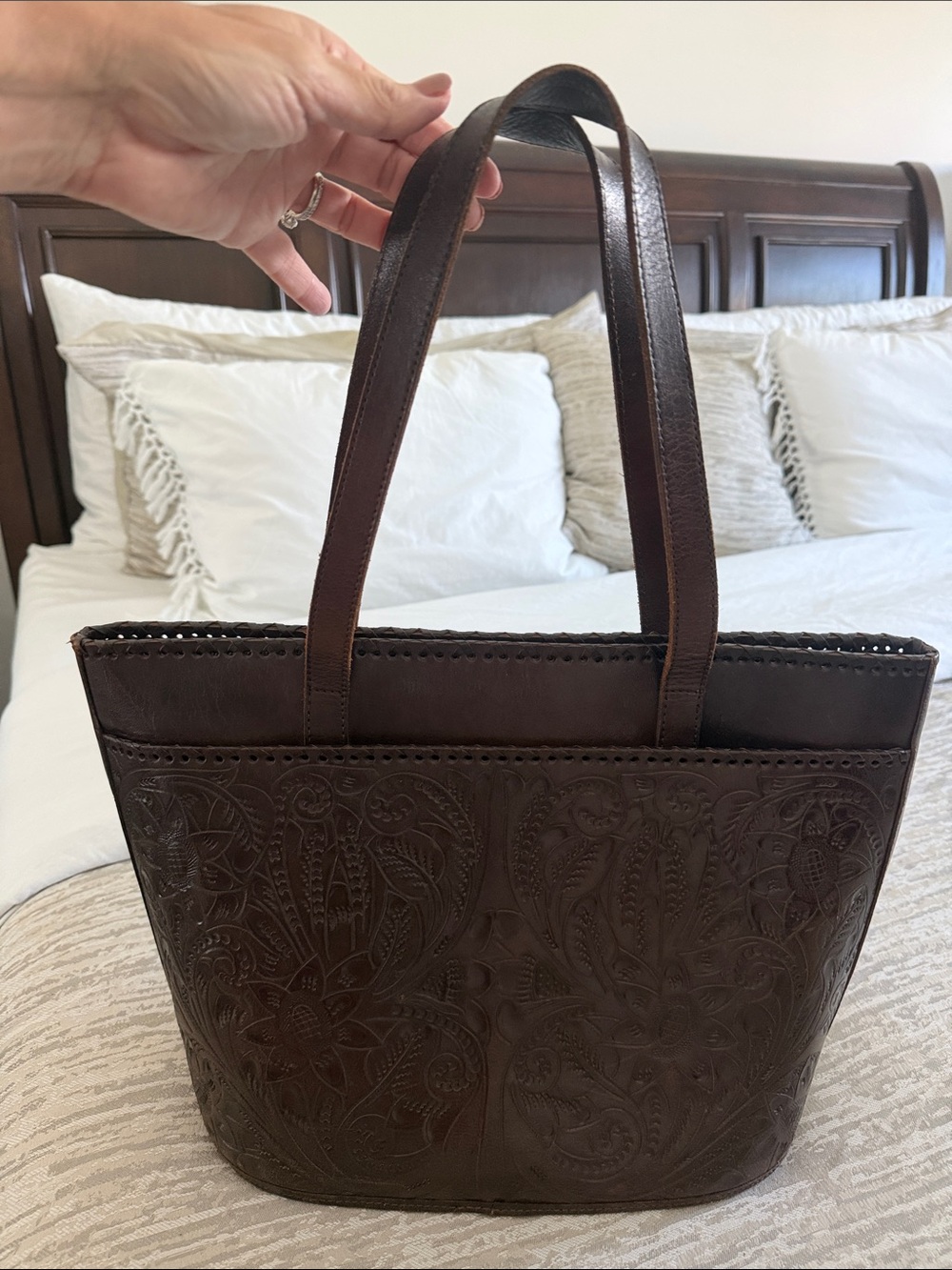 Hand-Tooled Dark Brown Leather Tote